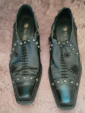 Vintage Two Lips Black Studded Leather Single Zip Booties Size 7.5 - "Clio"
